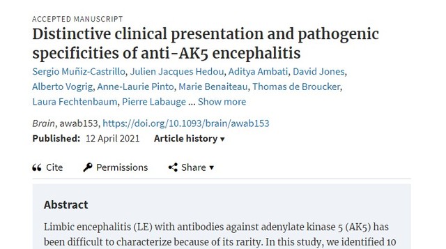 April 2021 - Article: Distinctive clinical presentation and pathogenic specificities of anti-AK5 encephalitis...