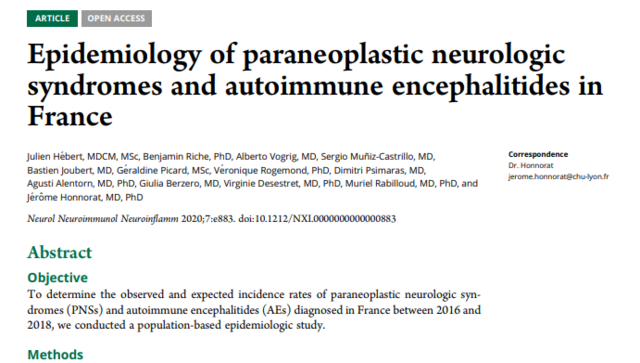 Août 2020 - Article: Epidemiology of paraneoplastic neurologic syndromes...