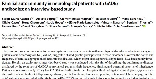 Februrary 2021 - Article: Familial autoimmunity in neurological patients with GAD65...