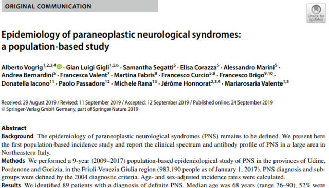 Janvier 2020 - Article: Epidemiology of paraneoplastic neurological...