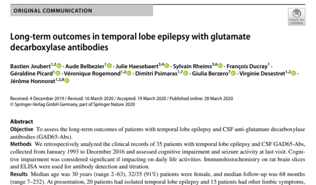 Mars 2020 - Article: Long-term outcomes in temporal lobe epilepsy..