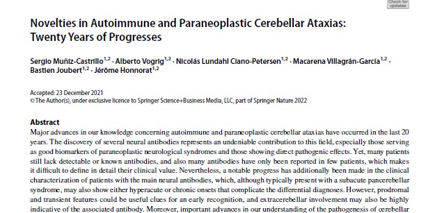 Janvier 2022 - Revue: Novelties in Autoimmune and Paraneoplastic Cerebellar...