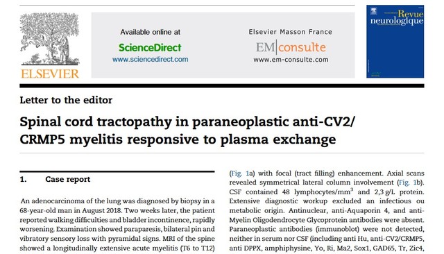 Juillet 2021 - Lettre: Spinal cord tractopathy in paraneoplastic anti-CV2/CRMP5...
